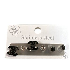 NWT! S/3 Stainless Steel Fashion Black/Silver Stud Earrings